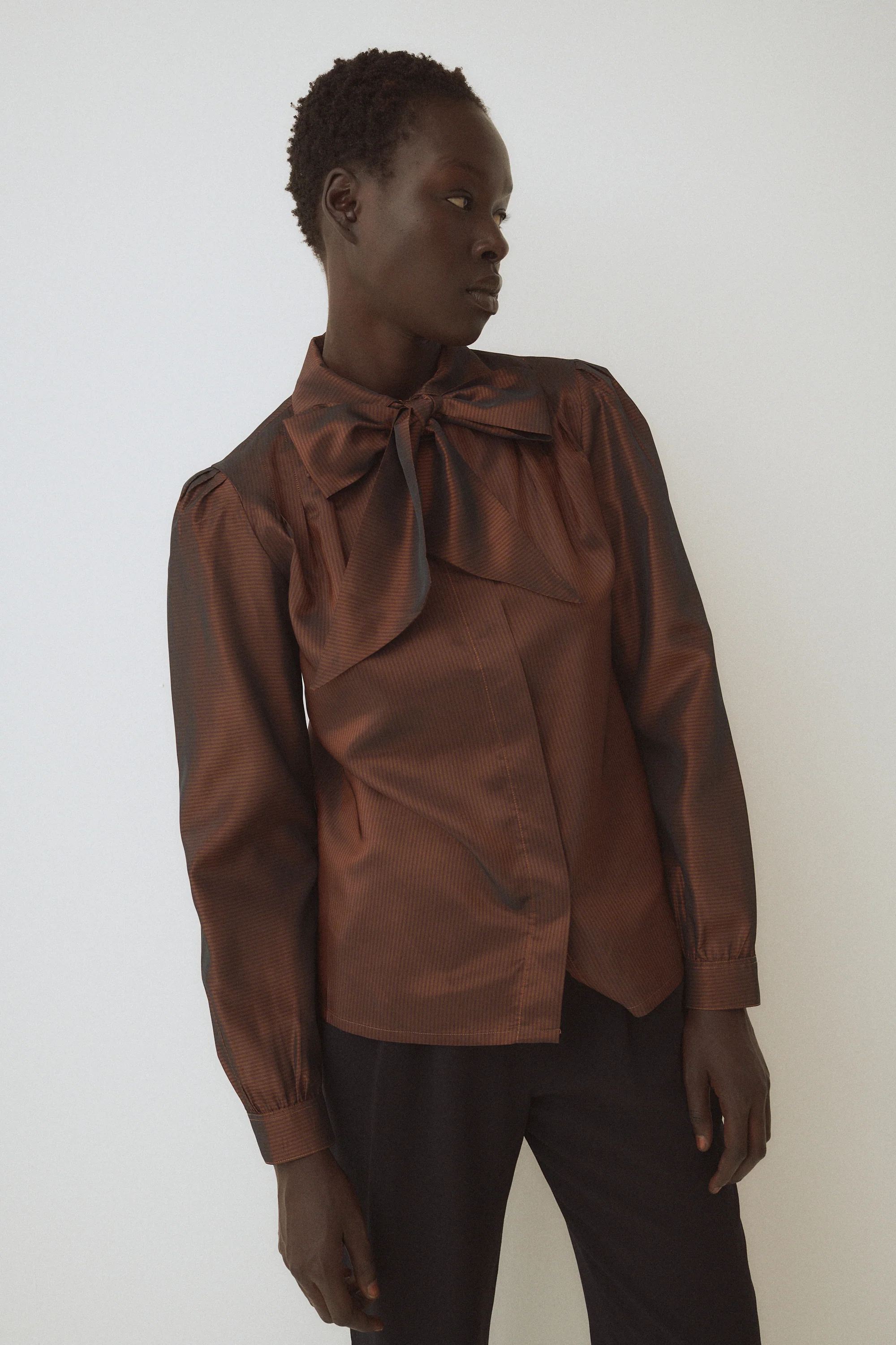 Vintage Bronze Stripe Bow Blouse - Image 3