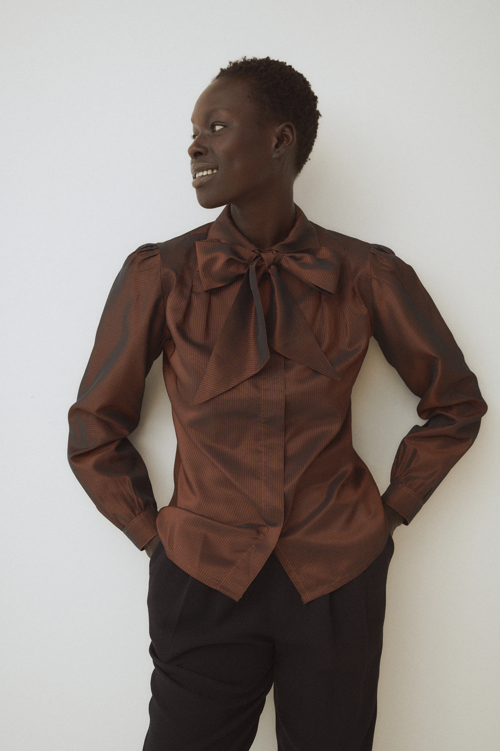 Vintage Bronze Stripe Bow Blouse - Image 5