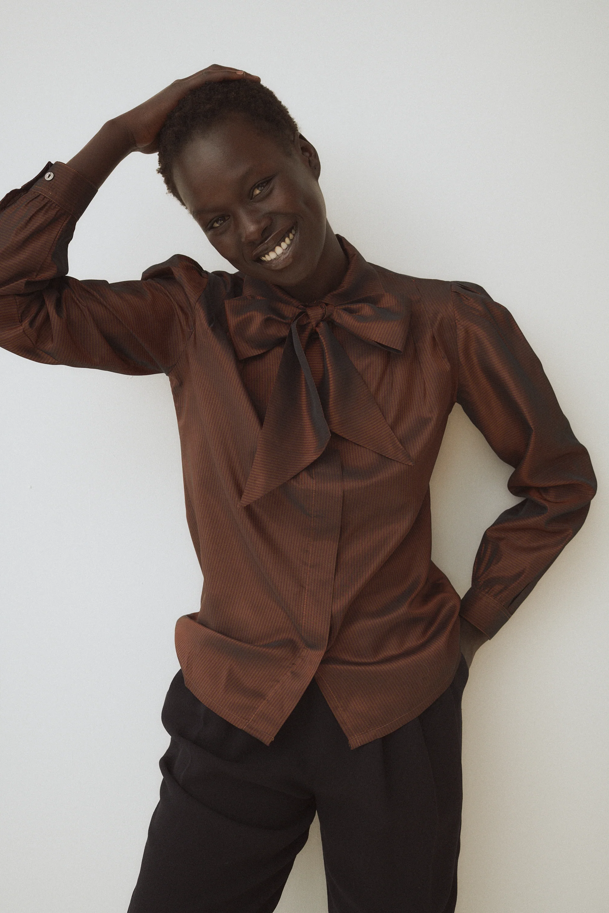 Vintage Bronze Stripe Bow Blouse - Image 6