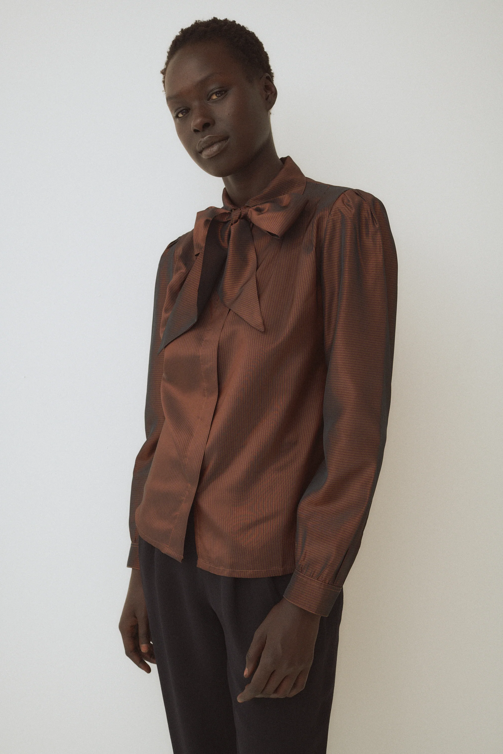 Vintage Bronze Stripe Bow Blouse - Image 7